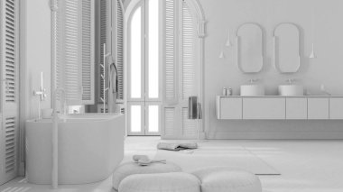 Tamamen beyaz proje taslağı, kemerli pencereli klasik dairede çağdaş banyo. Serbest küvet, lavabo, ayna, halı, raf, havlu. Minimalist iç tasarım