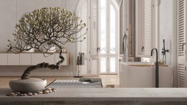 Klasik apartman dairesinde, küvette, lavaboda, temiz mimari konseptinde, minimalist tuvaletin üzerinde çakıl taşı ve saksı çiçeği olan klasik ahşap masa rafı.