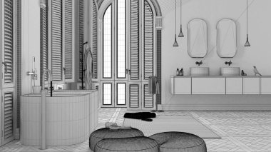 Tamamlanmamış proje taslağı, kemerli pencereli klasik dairede çağdaş banyo. Serbest küvet, lavabo, ayna, halı, raf, havlu. Minimalist iç tasarım