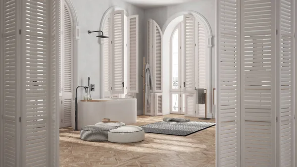 Apertura Bianca Della Porta Pieghevole Sul Bagno Minimalista Appartamento Classico — Foto Stock