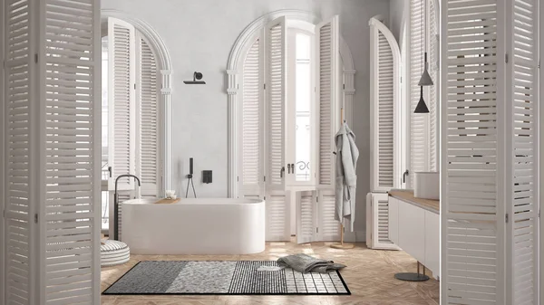 古典的なアパート 寄木細工 自立浴槽 洗面台 タオル カーペット 装飾品 建築家のデザイナーコンセプトのモダンなラックでミニマリストのバスルームに白い折りたたみドアの開口部 — ストック写真