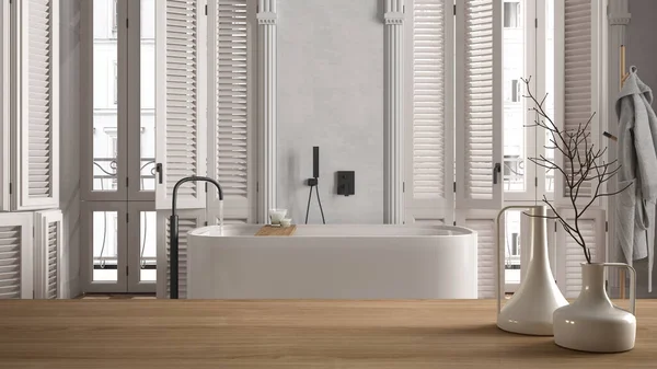 Asztal Vagy Polc Minimalista Modern Vázák Felett Elmosódott Modern Fürdőszoba — Stock Fotó