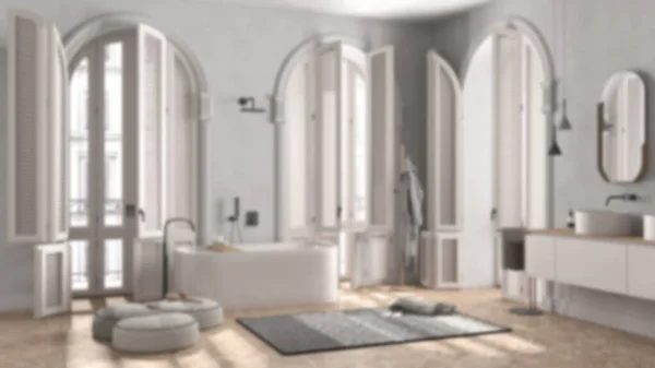 Hintergrund Verschwimmen Badezimmer Klassischer Wohnung Mit Gewölbtem Fenster Freistehende Badewanne — Stockfoto