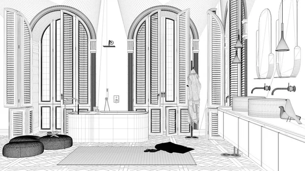 Proje Taslağı Modern Banyo Klasik Dairede Kemerli Pencereli Serbest Banyo — Stok fotoğraf