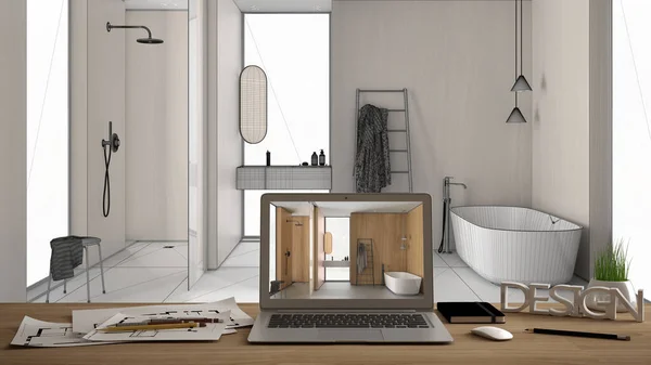 Koncepcja Architektoniczna Biurka Laptop Drewnianym Biurku Ekranem Pokazującym Projekt Wnętrza — Zdjęcie stockowe