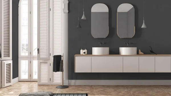 Minimalistische Badkamer Grijze Tinten Klassiek Appartement Met Gebogen Raam Eigentijdse — Stockfoto