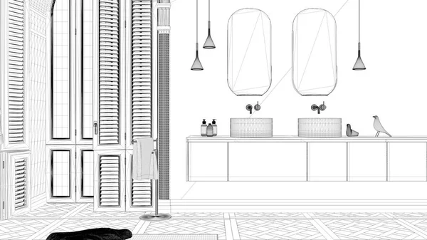 Návrh Projektu Minimalistická Koupelna Klasickém Bytě Klenutým Oknem Moderní Skříň — Stock fotografie