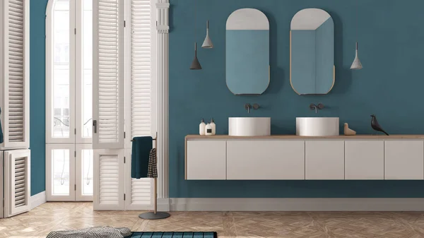Minimalistická Koupelna Modrých Tónech Klasickém Bytě Klenutým Oknem Současná Skříň — Stock fotografie