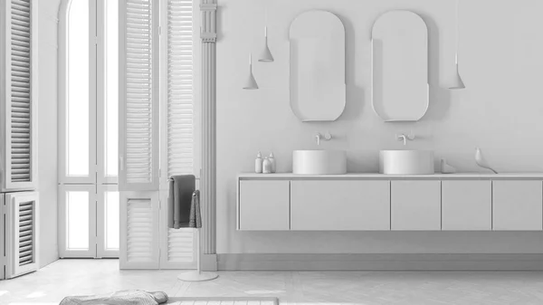 Celkový Bílý Projekt Koncept Minimalistická Koupelna Klasickém Bytě Klenutým Oknem — Stock fotografie