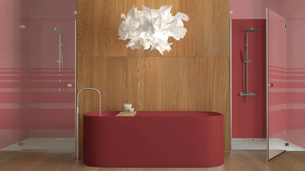 Μοντέρνο Ξύλινο Μπάνιο Κόκκινους Τόνους Στυλ Spa Αυτόνομη Μπανιέρα Αξεσουάρ — Φωτογραφία Αρχείου