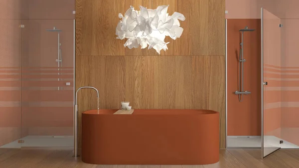 Modernes Holzbad Orangetönen Wellness Stil Freistehende Badewanne Mit Accessoires Dusche — Stockfoto