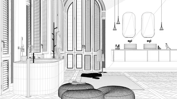 青写真プロジェクトの草案は アーチ型の窓とヴィンテージアパートの現代的なバスルーム 自立浴槽 洗面台 カーペット ラック タオル ミニマルなインテリアデザイン — ストック写真