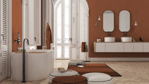 Baño Contemporáneo Tonos Naranjas Apartamento Vintage Con Ventana Arqueada Bañera — Foto de Stock