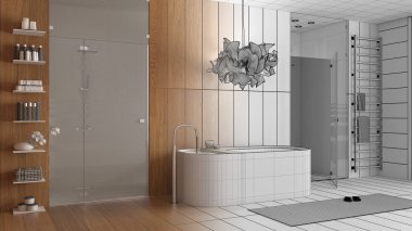 Mimari iç mimar konsepti: bitirilmemiş el yapımı taslak proje gerçek oluyor, banyo, spa, serbest banyo küveti, mozaik fayanslarla duş, havlu ve raflarla raf