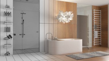 Mimari iç mimar konsepti: bitirilmemiş el yapımı taslak proje gerçek oluyor, banyo, spa, serbest banyo küveti, mozaik fayanslarla duş, havlu ve raflarla raf