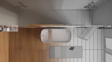 Mimari iç mimar konsepti: banyo, spa, küvet, duş ve raf, raflar, gerçek hale gelen el çizimi tamamlanmamış proje. Manzara, plan, yukarısı. İç tasarım