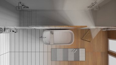 Mimari iç mimar konsepti: banyo, spa, küvet, duş ve raf, raflar, gerçek hale gelen el çizimi tamamlanmamış proje. Manzara, plan, yukarısı. İç tasarım