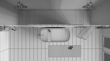 Tamamlanmamış proje taslağı, minimalist ahşap banyo, spa tarzı, küvet, mozaik fayanslarla duş, havlu ve raflarla dolu raf, aksesuarlar. Manzara, plan, yukarısı. İç tasarım