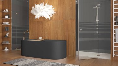 Minimalist ahşap banyo, spa tarzı gri renkler, aksesuarlı serbest banyo, mozaik fayanslı duş, cam kapılar, lamba ve halı. Modern iç tasarım fikri