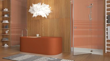 Minimalist ahşap banyo, turuncu tonlarda spa tarzı, aksesuarlı serbest banyo, mozaik fayanslı duş, cam kapılar, lamba ve halı. Modern iç tasarım fikri
