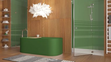 Minimalist ahşap banyo, spa tarzı yeşil renkler, aksesuarlı serbest banyo, mozaik fayanslı duş, cam kapılar, lamba ve halı. Modern iç tasarım fikri