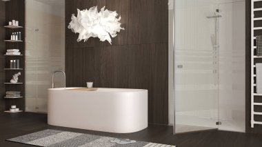 Minimalist ahşap banyo, spa tarzı koyu renkler, aksesuarlı serbest banyo, mozaik fayanslı duş, cam kapılar, lamba ve halı. Modern iç tasarım fikri