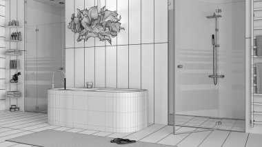 Tamamlanmamış proje taslağı, minimalist ahşap banyo, spa tarzı, aksesuarlı serbest banyo mozaik fayanslı duş, cam kapılar, lamba ve halı. Modern iç tasarım