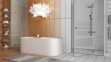Mimari iç mimar konsepti: elle çizilmiş tamamlanmamış taslak proje gerçek, ahşap banyo, spa tarzı, aksesuarlı serbest banyo küveti, duş, mozaik fayanslar