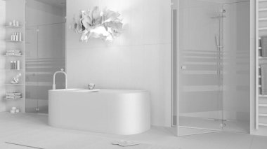 Tamamen beyaz proje taslağı, minimalist ahşap banyo, spa tarzı, aksesuarlı serbest küvet, mozaik fayanslı duş, cam kapılar, lamba ve halı. Modern iç tasarım