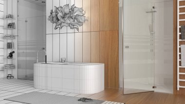 Mimari iç mimar konsepti: elle çizilmiş tamamlanmamış taslak proje gerçek, ahşap banyo, spa tarzı, aksesuarlı serbest banyo küveti, duş, mozaik fayanslar