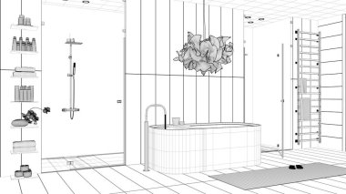 Taslak proje taslağı, çağdaş ahşap banyo, spa, serbest banyo küveti, mozaik fayanslarla duş, havlu ve raflarla raf. Halı ve lamba. İç tasarım fikri