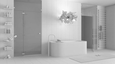 Tamamen beyaz proje taslağı, çağdaş ahşap banyo, spa, serbest banyo küveti, mozaik fayanslarla duş, havlu ve raflarla raf. Halı ve lamba. İç tasarım kavramı