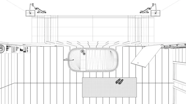 Návrh Projektu Minimalistická Dřevěná Koupelna Lázeňský Styl Vana Sprcha Mozaikovými — Stock fotografie