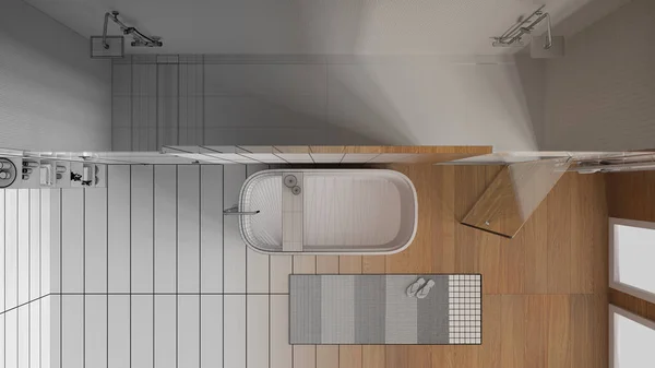 建筑师室内设计理念 手绘草稿未完成的工程 成为现实 淋浴间 顶部视图 室内设计 — 图库照片
