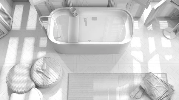 Полностью Белый Проект Современная Ванная Комната Старинной Квартире Свободно Стоящая — стоковое фото