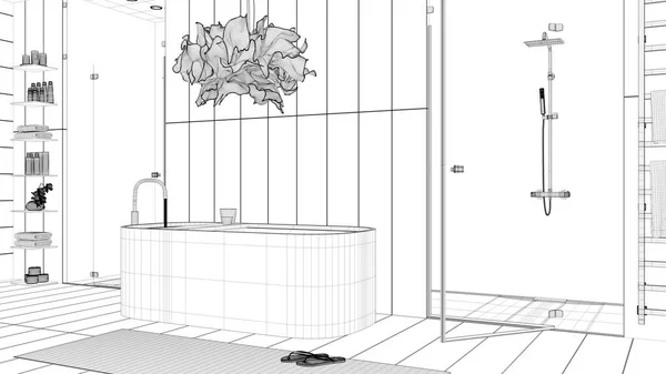 青写真プロジェクトの草案は ミニマリストの木製バスルーム スパスタイル アクセサリーと自立浴槽 モザイクタイル ガラスのドア ランプやカーペットとシャワー モダンなインテリアデザイン — ストック写真