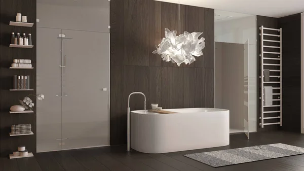 현대적 목욕실은 어두운 톤으로 욕조를 모자이크 타일로 샤워를 액세서리가 디자인 — 스톡 사진