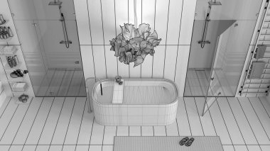 Tamamlanmamış proje taslağı, çağdaş ahşap banyo, spa, serbest banyo küveti, mozaik fayanslarla duş, raflar ve aksesuarlarla dolu raflar. Üst manzara, yukarıda. İç tasarım fikri