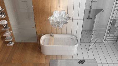 Mimari iç mimar konsepti: elle çizilmiş tamamlanmamış proje, banyo, spa, serbest banyo, duş, mozaik fayanslar, raflar, raflar. Üst görünüm, yukarıda