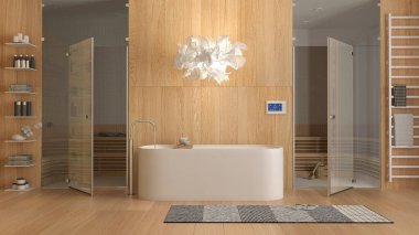 Minimalist ahşap kaplıca odası, beyaz tonlarda, banyo, küvetli sağlık merkezi, sauna odası cam kapılı, raflar, halı, kolye lambası. İç tasarım fikri