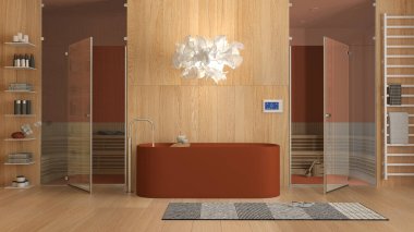Minimalist ahşap kaplıca odası turuncu tonlarda, banyo, küvetli sağlık merkezi, cam kapılı sauna odası, havlular, raflar, halı, kolye lambası. İç tasarım fikri