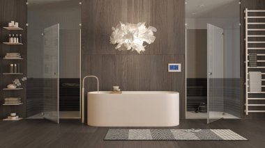 Minimalist ahşap kaplıca odası, koyu tonlu, banyo, küvetli sağlık merkezi, cam kapılı sauna odası, havlular, raflar, halı, kolye lambası. İç tasarım fikri