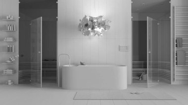 Tamamen beyaz proje taslağı, minimalist ahşap spa odası, banyo, küveti, sauna odası, cam kapılar, raflar, havlular, raflar, halı, kolye lambası. İç tasarım