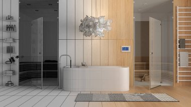 Mimari iç mimar konsepti: bitirilmemiş el yapımı taslak proje gerçek oluyor, banyo, küveti olan sağlık merkezi, sauna odası, havlular, raflar, halı