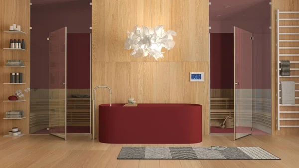 불가사의 온천은 욕조가 유리문 사우나 끝없는 램프가 선반등 디자인 아이디어 — 스톡 사진