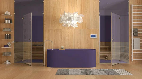 자줏빛 욕조가 유리문 사우나 끝없는 램프가 디자인 아이디어 — 스톡 사진