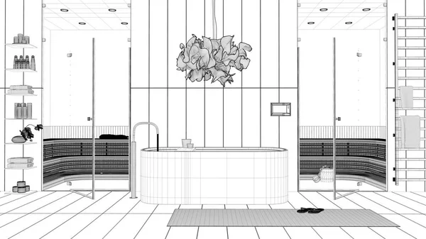 蓝图草案 简约的木制温泉房 有浴缸的健康中心 有玻璃门的桑拿房 室内设计 — 图库照片