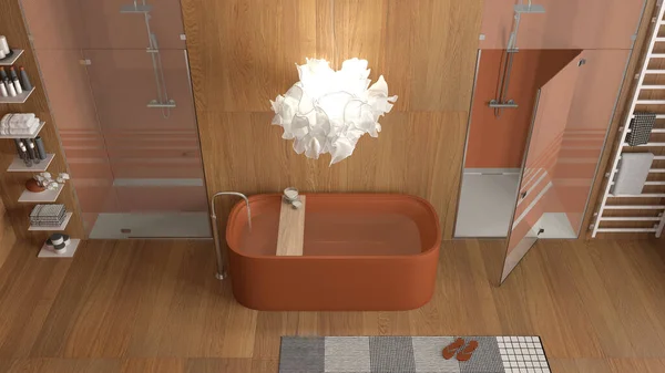 現代的な木製バスルーム オレンジトーンで スパスタイル 自立浴槽 モザイクタイルとシャワー アクセサリーとラックと棚 上からの眺め インテリアデザインコンセプト — ストック写真