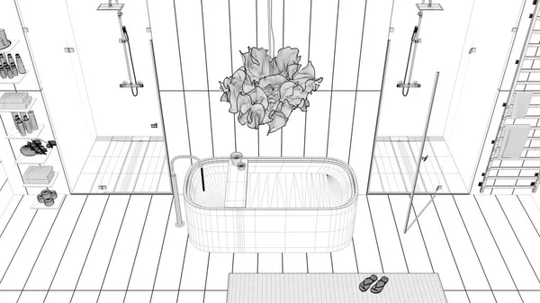 蓝图项目草案 当代木制浴室 独立浴缸 带马赛克瓷砖的淋浴 机架和带有配件的架子 上面的头像室内设计概念 — 图库照片
