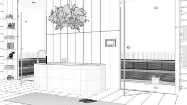 Proje taslağı, modern ahşap spa odası, banyo, sağlık merkezi, küvet, cam kapılı sauna odası, raf, havlu, raflar, halı, kolye lambası. İç tasarım